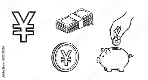 Black and white sketch of yen symbols, money and piggy bank