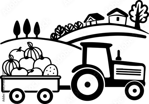 SVG vector illustration of a tractor carrying fruits.Tractor Driving Through Apple Orchard Landscape Scene