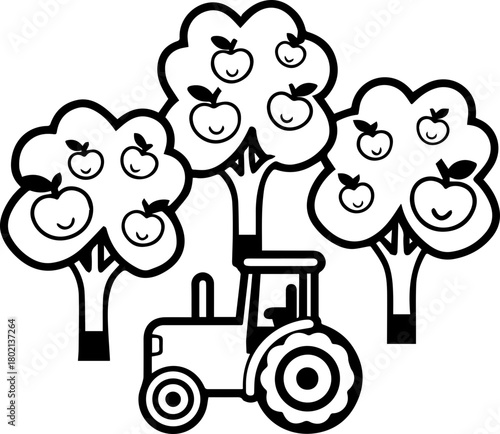 SVG vector illustration of a tractor carrying fruits.Tractor with Fresh Fruits on Farm Landscape Scene