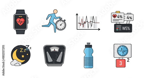 Vibrant flat design health, fitness, and wellness digital tracking icons collection.
