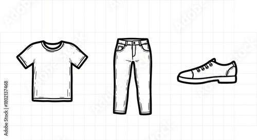 Minimalist line art of t-shirt, jeans, and shoe on grid background