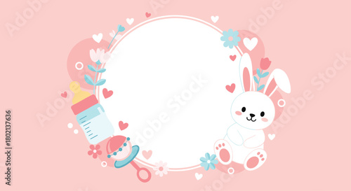 Charming baby frame with a white bunny, bottle, and pacifier surrounded by floral elements and hearts on a soft pink background.