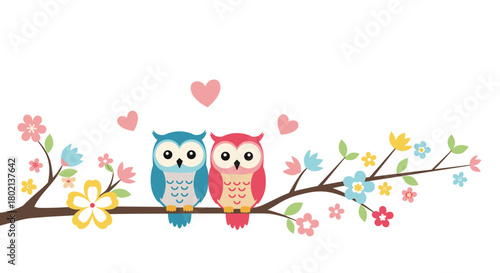 Two adorable cartoon owls perch on a flowering branch, surrounded by floating hearts, creating a sweet and whimsical illustration perfect for children's decor or romantic designs.