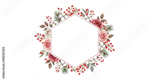 Elegant hexagonal frame adorned with watercolor roses, berries, and cotton flowers, perfect for invitations, announcements, or seasonal designs.