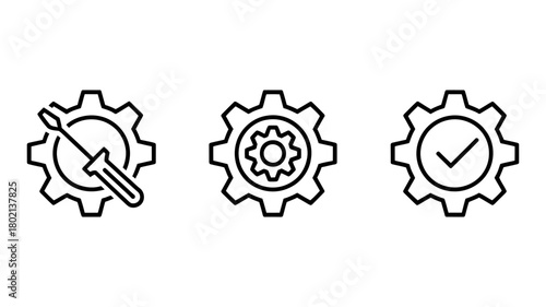 Gear icons set: settings, maintenance, processing, optimization, and completed tasks. outline symbols for configuration, system management, and success.