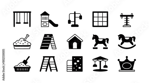 Vector icon set of playground equipment and children's toys, including swing, slide, sandpit, ladders, seesaw, carousel, rocking horse, playhouse for kids fun and recreation.