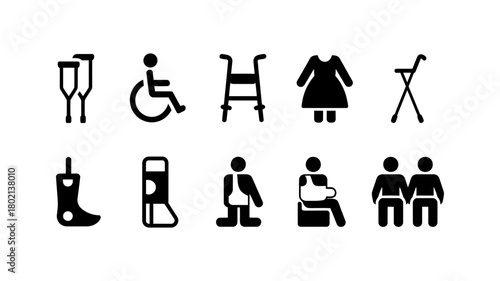 Disability and injury care vector icons set: wheelchair, crutches, walker, broken arm, walking stick, medical boot, elderly person, and people symbol.