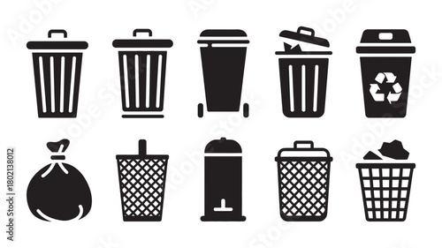 Collection of various trash can, recycling bin, and garbage bag icons, depicting waste management, disposal, and eco-friendly solutions.