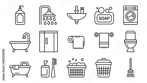 Bathroom and laundry line icons set. collection of outline vector symbols for home hygiene, personal care, and domestic cleaning appliance concepts isolated on a clean background.