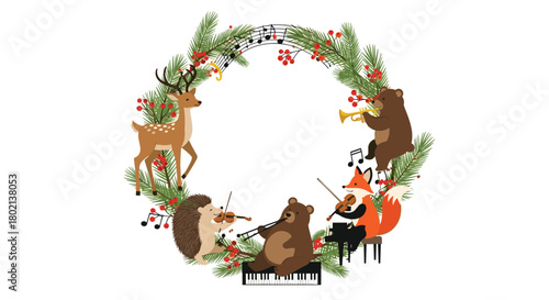 A charming illustration depicts woodland animals playing musical instruments within a festive wreath of evergreen branches and berries, creating a joyful holiday scene.
