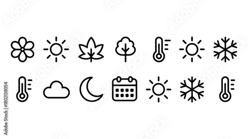 Weather and climate forecast line icons set for mobile apps, web interfaces, and infographic elements, depicting seasons, temperature, and atmospheric conditions.