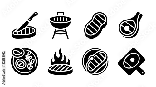 Grilling and bbq vector icon set featuring various meat cuts, a grill, fire, knife, and serving dishes, perfect for culinary and outdoor cooking themes.