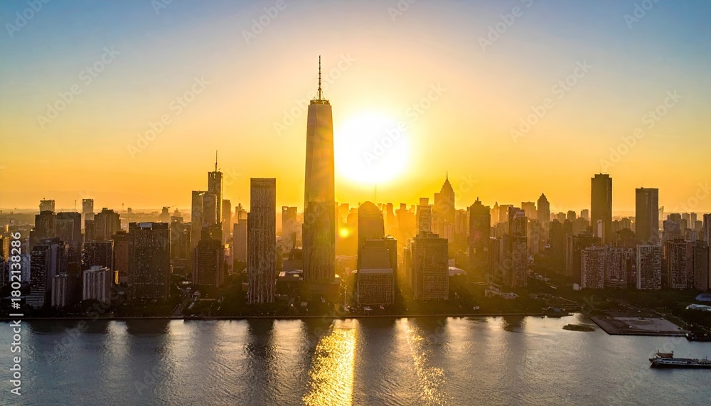 Fototapeta premium Golden Hour Skyline with Towering Skyscraper Under Bright Sun and Waterscape Urban Landscape