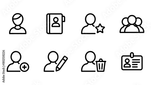 Set of user profile and contact management line icons for web and mobile interfaces, featuring add, edit, delete, favorite, and group functions