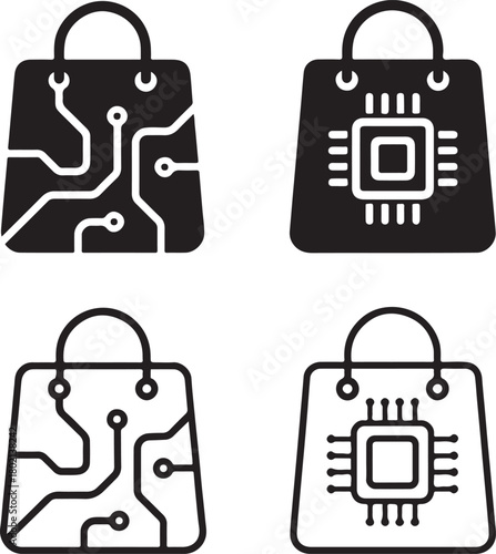 Isolated Shopping Bag Circuit Icons black vector set, shopping bag, store cart, ecommerce, digital bag, retail, minimal circuit, thin stroke, tech bag, smart chip, vector isolated