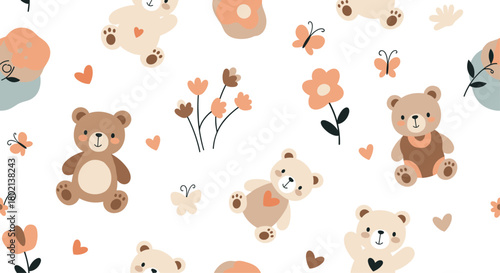 Charming seamless pattern featuring adorable teddy bears, delicate flowers, fluttering butterflies, and sweet hearts on a clean white background.