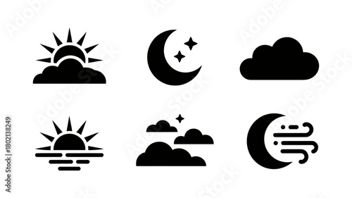 Weather and sky icons set featuring sun, moon, clouds, wind, and day-night cycles for forecast, meteorology, and climate applications