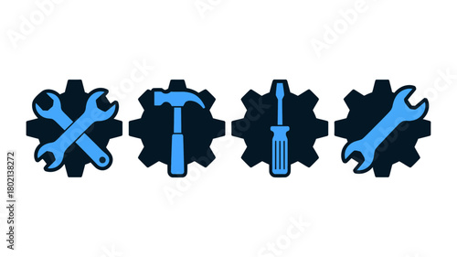 Gear icons with essential tools: wrench, hammer, screwdriver. represents engineering, setup, maintenance, repair, service, and mechanical work.