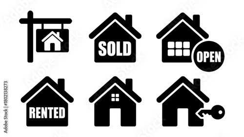 Real estate property housing market icons set. various symbols include for sale sign, sold, open house, rented property, and ownership key.