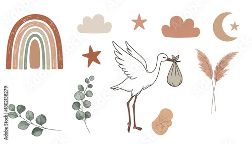 Boho Rainbow Baby Shower Vector Collection - Neutral Aesthetic Cloud and Botanical Elements