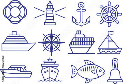 Sea and Marine Thin Line Icon Set. Sailing, Boating, Nautical Travel Symbols with Anchor, Ship Helm, Lighthouse, Boat, Cruise and Compass. Vector Outline Collection