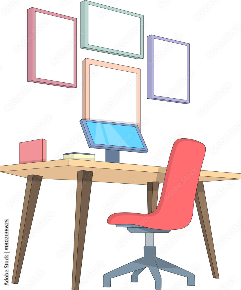 Fototapeta premium Modern Workspace with Desk Computer and Red Office Chair