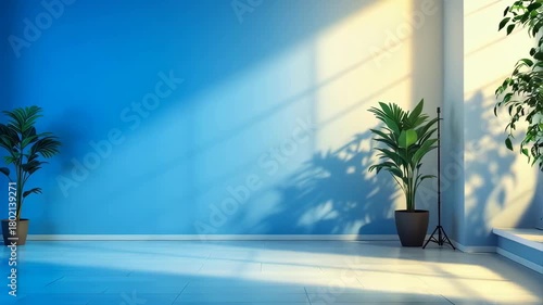 Interior room with vibrant blue wall and sunlight casting dramatic shadows from potted plants on wooden floor
