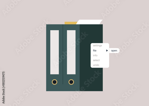 Navigating a file open menu reveals options for settings, info, and selecting files, The sleek design features neatly arranged folders, enhancing user experience and efficiency.