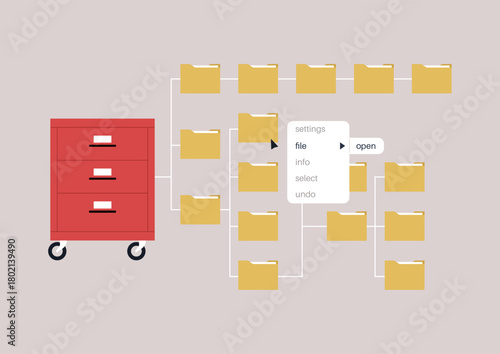 A vibrant digital illustration showcases a file open menu alongside an organized filing cabinet, The design emphasizes ease of navigation for selecting documents.