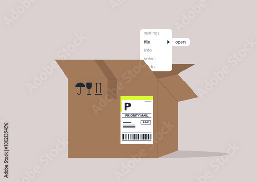 A cardboard box sits open, revealing a clean interface for the file open menu featuring options like settings and select, emphasizing a blend of digital and physical elements.
