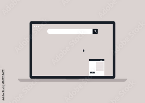 A clean and minimalistic laptop screen displays a search engine interface, inviting users to explore the online world from a contemporary workspace.