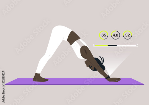 Engaging in a yoga practice, a person performs a downward dog pose on a mat while monitoring performance using a yoga smart watch, The setting is serene and inviting