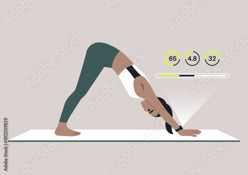 Engaging in a yoga practice, a person performs a downward dog pose on a mat while monitoring performance using a yoga smart watch, The setting is serene and inviting