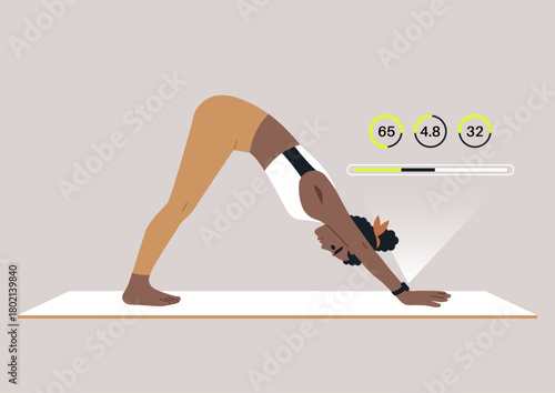 Engaging in a yoga practice, a person performs a downward dog pose on a mat while monitoring performance using a yoga smart watch, The setting is serene and inviting
