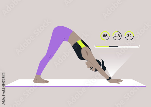 Engaging in a yoga practice, a person performs a downward dog pose on a mat while monitoring performance using a yoga smart watch, The setting is serene and inviting