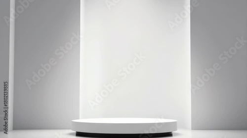 Minimalist White Exhibition Stage With Spotlight And Spotlight Focused On Pedestal Ready For Product Display