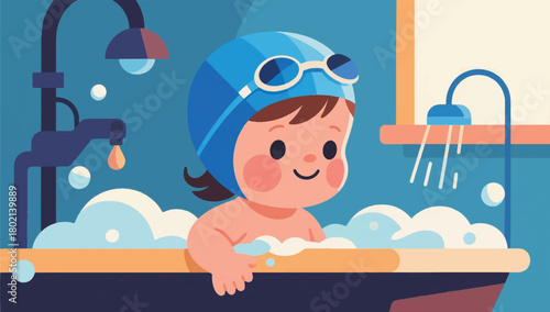 Illustration Of A Small Child Taking A Bath With Lots Of Foam Vector Design Template
