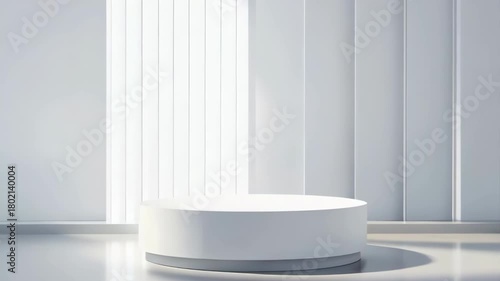 Minimalist White Product Display Stage with Vertical Light Stripes and Geometric Background Creates a Modern Showcase Environment