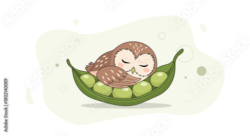 A charming illustration depicts a sleepy owl nestled comfortably among green peas inside a pea pod, creating a whimsical and peaceful scene for children's content.