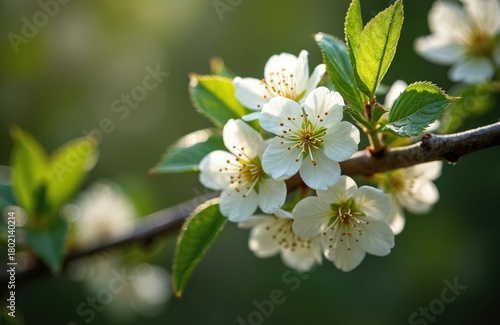Close up photo of hawthorn flowers. White blossoms on a branch with green leaves. Beautiful spring nature scene. Sunlight shines on blooming tree. Bokeh background.