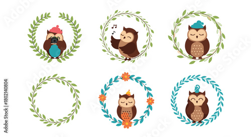 Charming collection of whimsical owl illustrations within decorative wreaths, showcasing various activities and accessories, perfect for design projects.