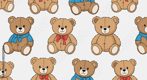 Seamless pattern featuring adorable teddy bears in various poses and colors, including blue and red ribbons, on a light gray background.