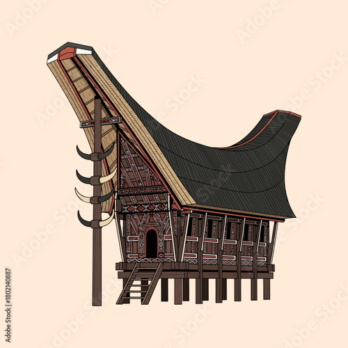 Traditional Toraja Tongkonan House Illustration