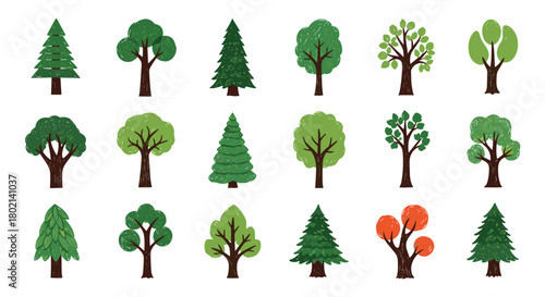 Collection of hand-drawn style trees in various shapes and shades of green, with one autumnal tree, isolated on a white background.
