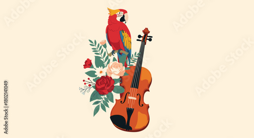 A vibrant illustration featuring a scarlet macaw perched on a violin surrounded by a lush arrangement of roses and foliage, creating a whimsical and artistic composition.