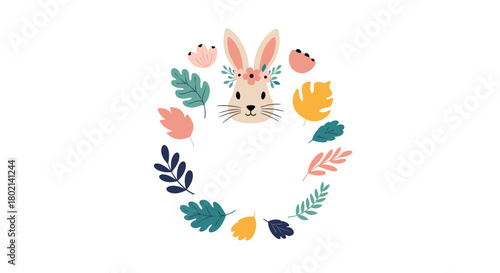Charming illustration of a bunny face surrounded by a floral and leafy wreath, creating a whimsical and inviting springtime design for various uses.
