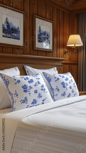 Cozy room features floral pillows on a bed, plus wooden walls, art, and lamp for a relaxing stay