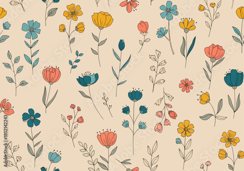 Seamless pattern with autumn leaves, Spring flowers seamless patten. Garden summer flower motif floral texture backgrond