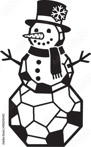 Winter snowman silhouette designed using sharp, crystal-like shapes instead of round circles