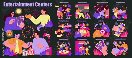 Interactive Fun at Entertainment Centers Vector Illustration